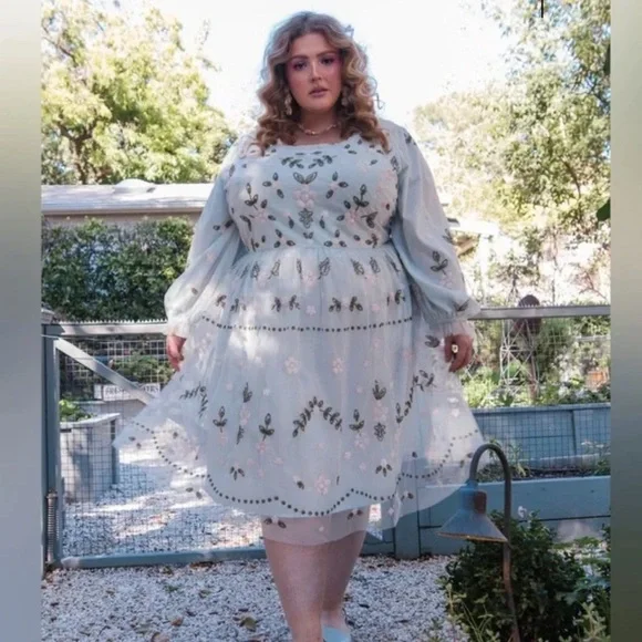 Floral Embroidered with Sequins Dress - Light Blue - Picture 2 of 3